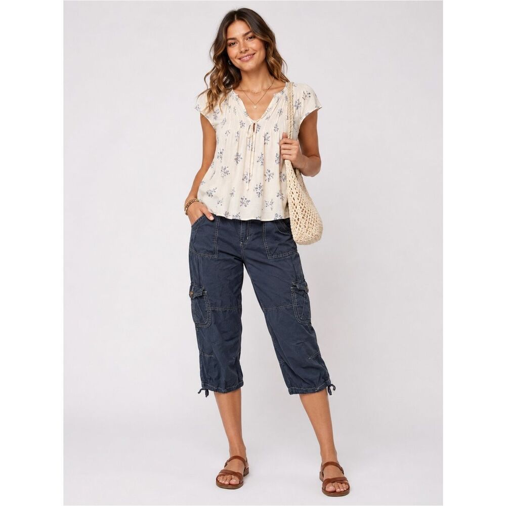 UNIONBAY Solid Navy Blue Cropped Capri Cargo Pants Pockets Drawstring
